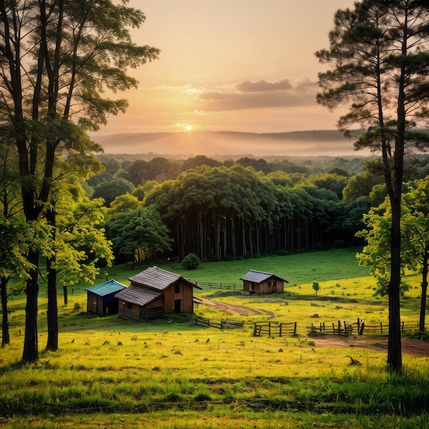 casas de la aldea en el bosque durante la fotografía del atardecer