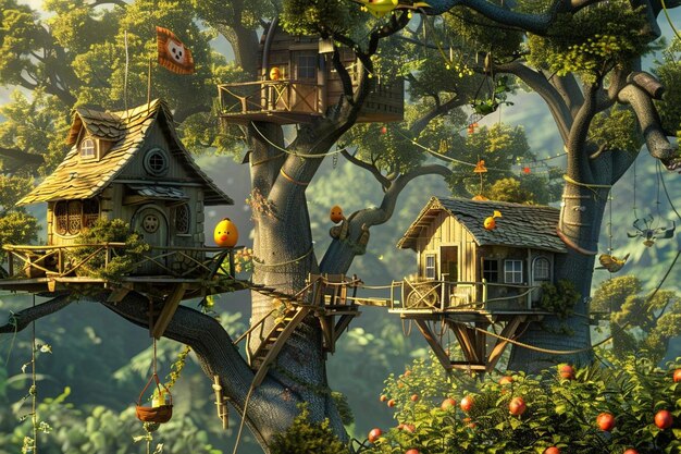 Casas en los árboles caprichosas con habitantes animados