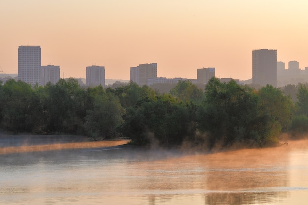 casas y árboles en la orilla del río casas altas árboles frondosos en la orilla del río al amanecer