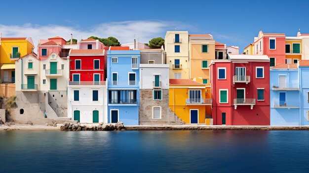 Foto las casas arco iris se aferran a la costa generada por la ia