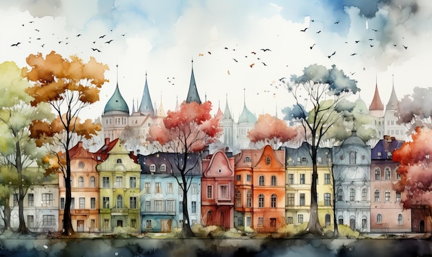Casas arquitetônicas de desenho em aquarela na paisagem urbana de outono Foco suave seletivo