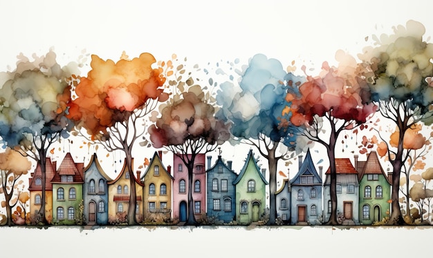 Casas arquitetônicas de desenho em aquarela na paisagem urbana de outono Foco suave seletivo