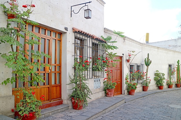 Casas brancas e plantas em vasos em uma rua de uma cidade no Peru