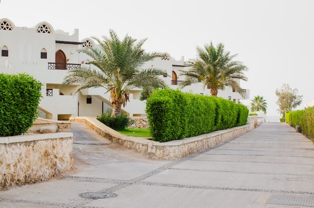 Casas brancas e território bem cuidado do parque do hotel de cinco estrelas no sharm el sheikh.