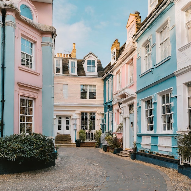 Casas britânicas vitorianas restauradas de cores pastel em um elegante mews em chelsea, londres, reino unido