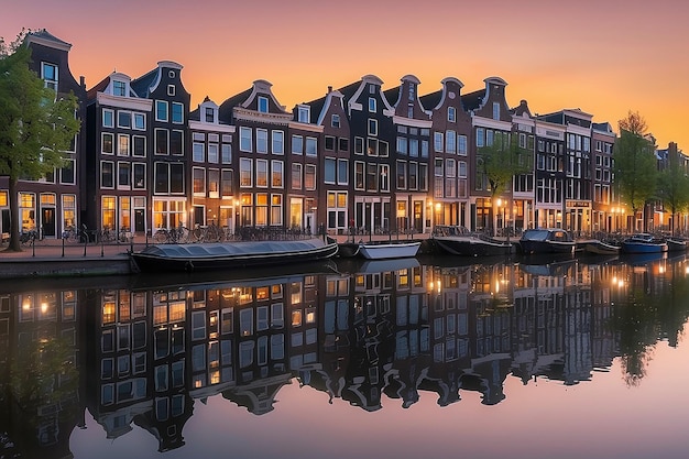 Las casas del canal de Ámsterdam en el atardecer reflejan el panorama de los Países Bajos