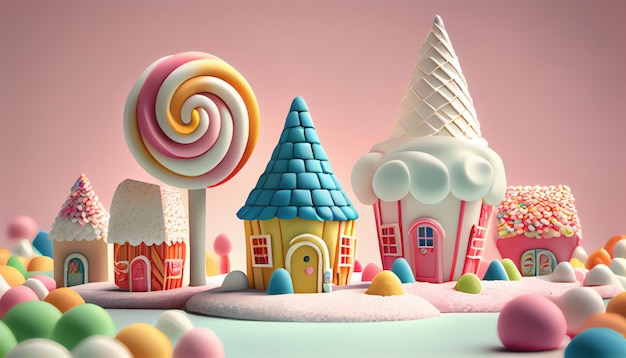 Casas de Candyland hechas de malvavisco y dulces.