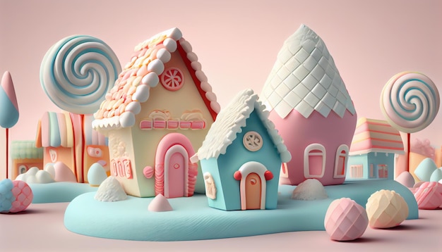 Casas de Candyland hechas de malvavisco y dulces.