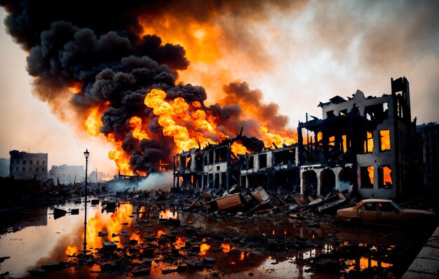 Las casas de la ciudad destruidas en llamas durante la guerra IA generativa