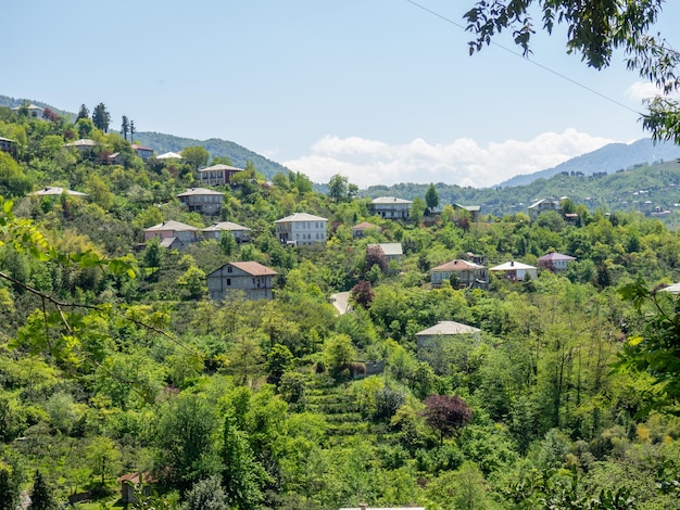 Casas en una colina verde Ciudad en la naturaleza Hermoso paisaje Afueras de las casas de la ciudad del sur en el denso bosque en la montaña