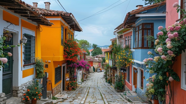 Casas coloridas ao longo da Rua Cobblestone, na Cidade Velha