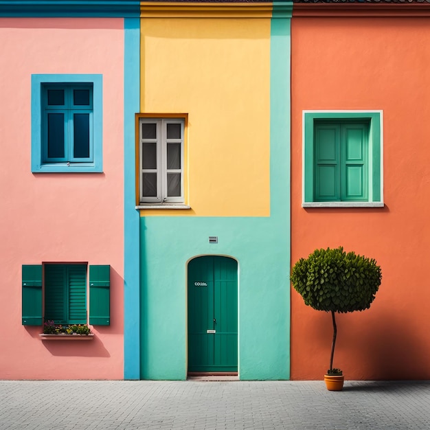 Foto casas coloridas com árvores verdes na frente delas generative ai