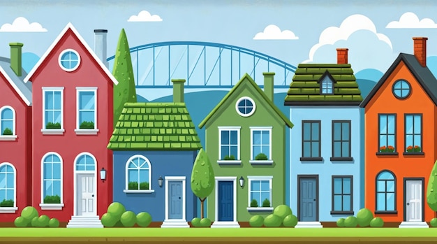 Casas coloridas de dibujos animados en una fila