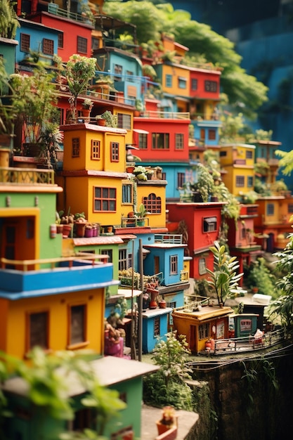 las casas coloridas frente a fondos de selva coloridos en el estilo de esculturas en miniatura