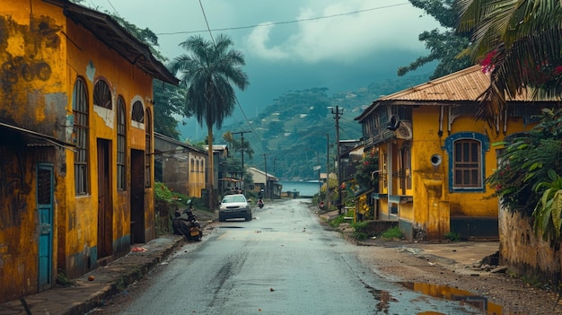 Casas coloridas a lo largo de la carretera en Santo Tomé y Príncipe