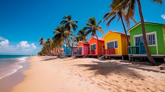 Casas coloridas na praia de Catalina República Dominicana com palmeiras Ilustrador AI generativo