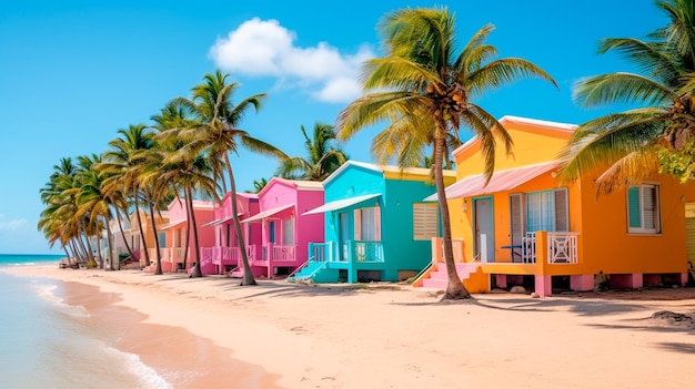 Casas coloridas en la playa Catalina República Dominicana con palmeras Ilustrador AI generativo
