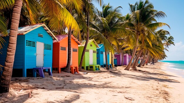 Casas coloridas en la playa Catalina República Dominicana con palmeras Ilustrador AI generativo