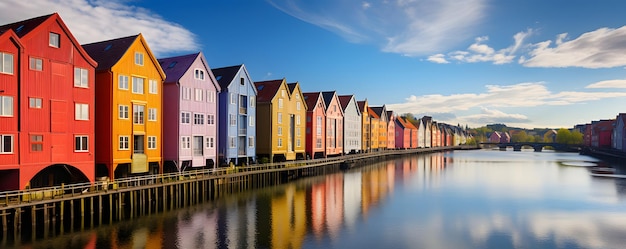 Casas coloridas sobre a água na cidade de Trondheim, na Noruega