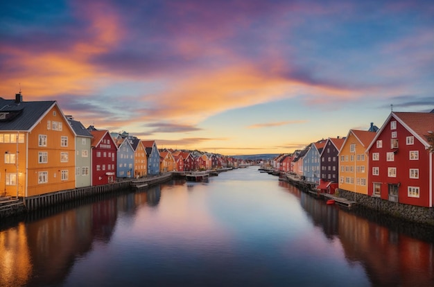 Foto casas coloridas sobre el agua en la ciudad de trondheim, noruega