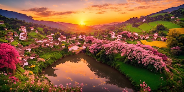 Casas com árvores em flor e um rio nas montanhas ao amanhecer