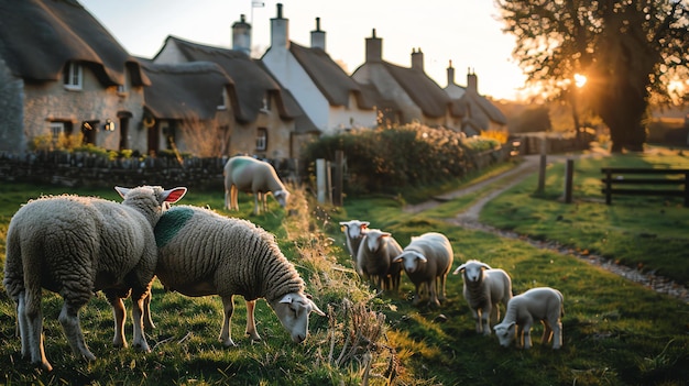 Foto casas com telhados de palha nas cotswolds, inglaterra uma bela noite de verão no campo