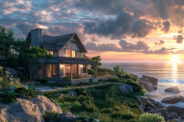 Casas costeiras pitorescas com vistas panorâmicas do oceano