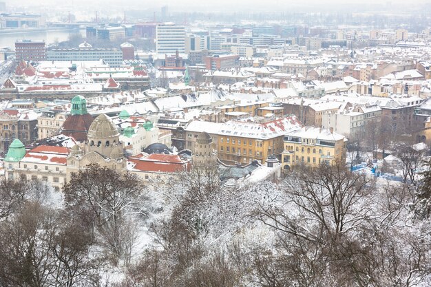 Casas cubiertas de nieve en Budapest