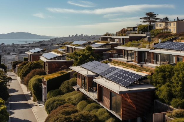 Foto las casas cubiertas de paneles solares tienen vistas a una ciudad en expansión con una bahía distante como telón de fondo.