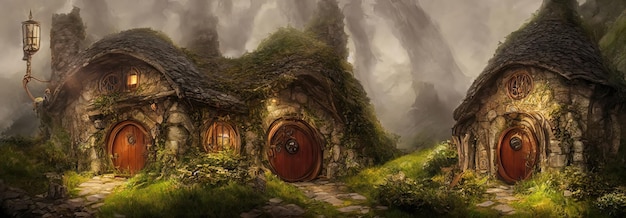 Casas da aldeia hobbit com portas e janelas redondas Os telhados das casas são cobertos com grama Ilustração 3d do mundo do senhor dos anéis