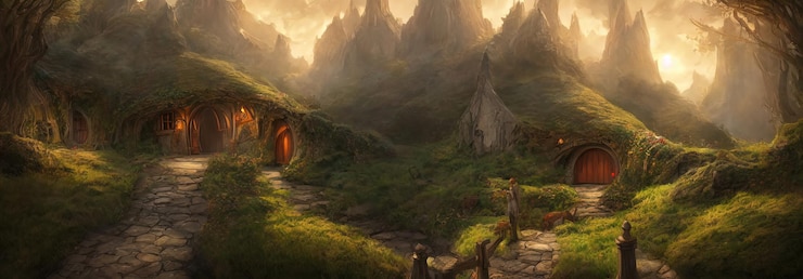 Foto casas da aldeia hobbit com portas e janelas redondas os telhados das casas são cobertos com grama ilustração 3d do mundo do senhor dos anéis