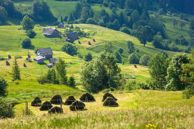 Casas de aldeia nas colinas com prados verdes em dia de verão