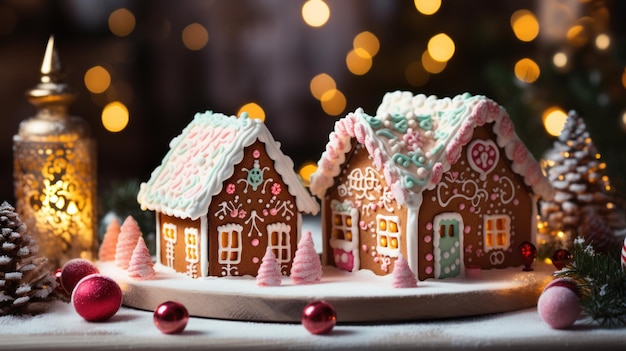 casas de biscoitos doces decorados com decoração de Natal produto de padaria de férias de fundo