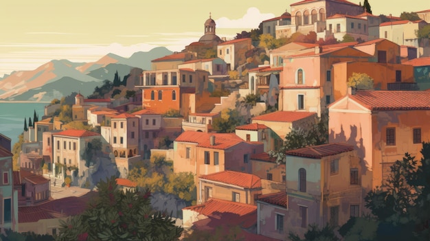 Casas de cores vibrantes renascentistas de Atenas e pessoas multicamadas