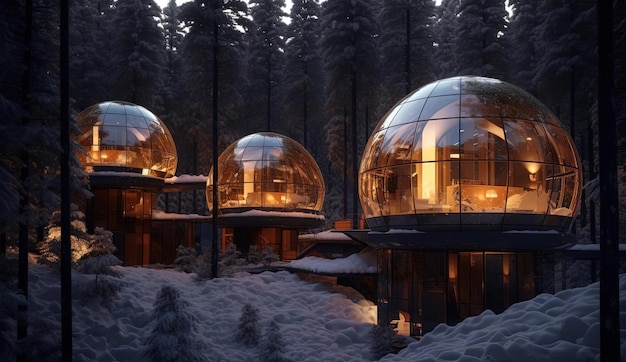 casas de cúpula de vidro na floresta à noite