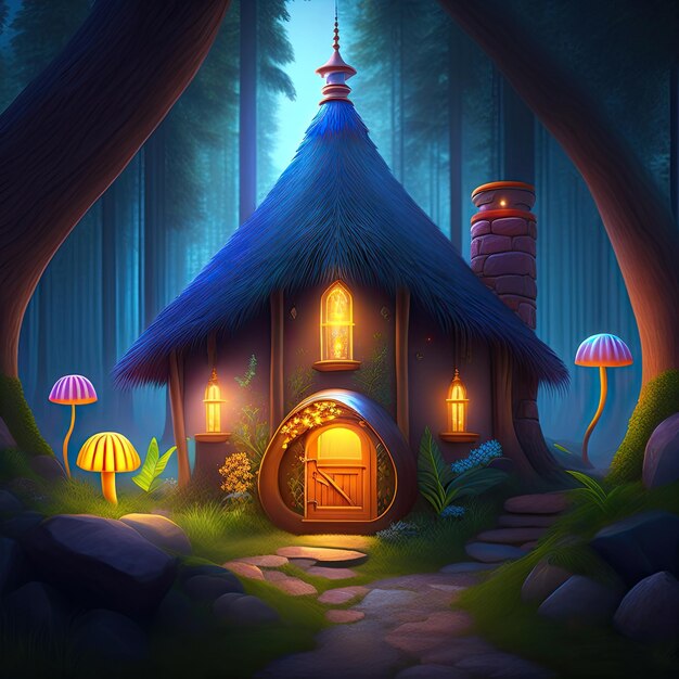 Casas de fadas na floresta de fantasia com cogumelos brilhantes Arte digital