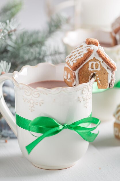 Casas de gengibre bonitos com cacau saboroso na noite de inverno de Natal