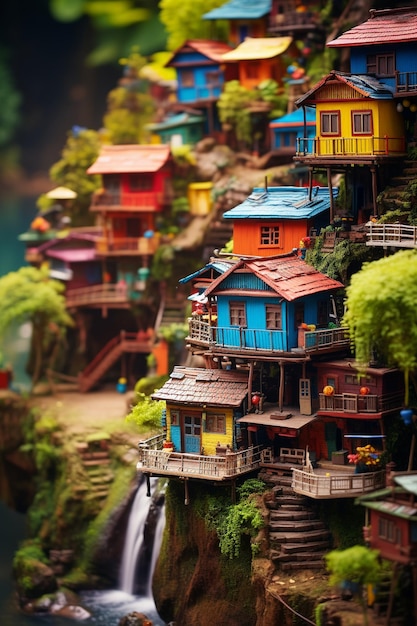 Foto casas de madeira coloridas perto da cachoeira árvore no topo no estilo de lentebaby compositor