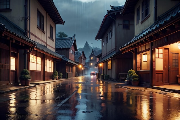 Casas de madeira de estilo chinês em ambos os lados das luzes da rua e está chovendo no céu