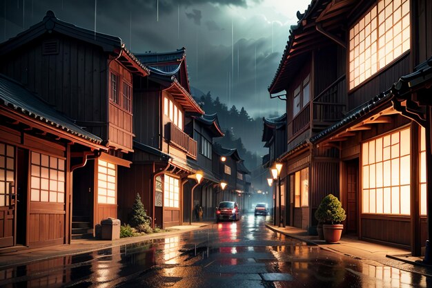 Casas de madeira de estilo chinês em ambos os lados das luzes da rua e está chovendo no céu