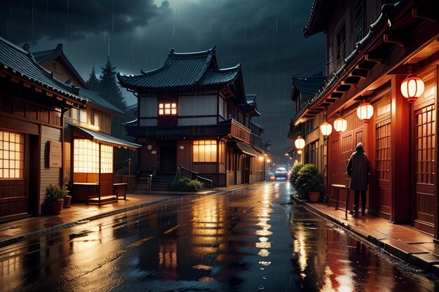 Casas de madeira de estilo chinês em ambos os lados das luzes da rua e está chovendo no céu