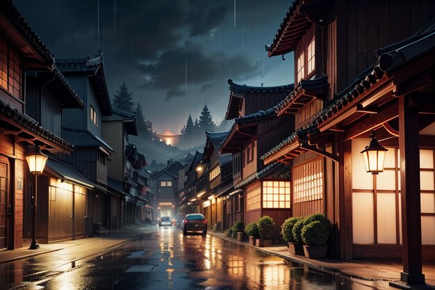 Casas de madeira de estilo chinês em ambos os lados das luzes da rua e está chovendo no céu