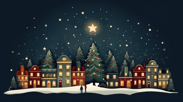 Casas de Natal bonitas em uma fileira Bandeira de Ano Novo de Natal Ilustração de cena de inverno aconchegante em vintage