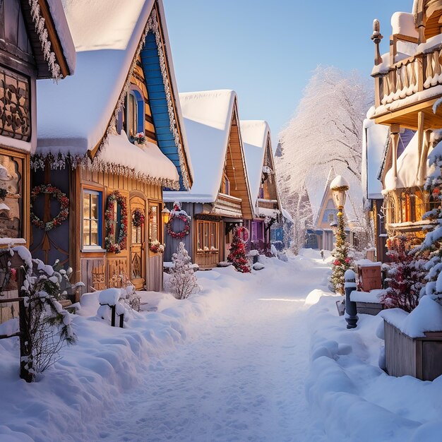 Casas decoradas en encantadoras aldeas cubiertas de nieve