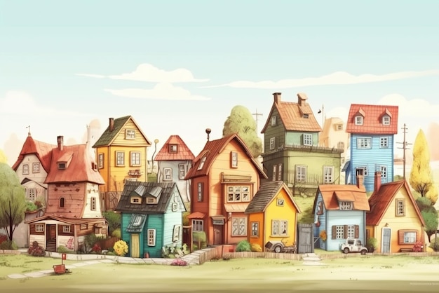 Casas de dibujos animados en la ciudad Ilustración digital Representación 3d