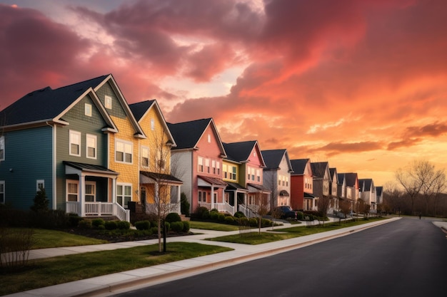 Casas en un distrito residencial con espectaculares cielos coloridos al atardecer Ilustración AI GenerativexA