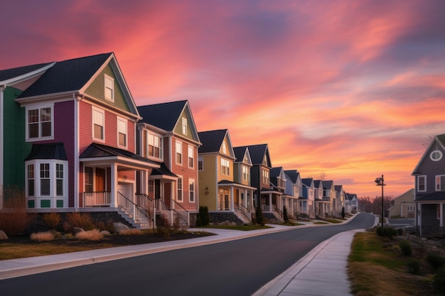 Casas en un distrito residencial con espectaculares cielos coloridos al atardecer Ilustración AI GenerativexA