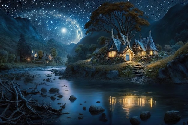 Casas de duendes en la mágica noche estrellada