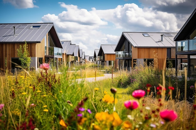 Casas ecológicas holandesas con paneles solares entre un campo de flores de amapola