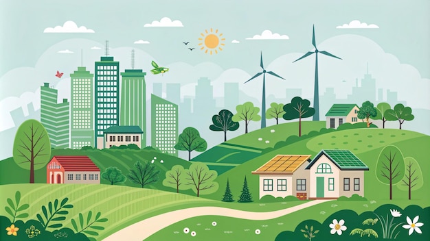Casas ecológicas paisagem urbana com moinhos de vento painéis solares em campos verdes